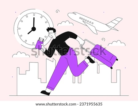 Hasty man line concept. Young guy with luggage and baggage near airplane. Passenger hurry up to flight in airport. Bad time management, broken deadline. Linear flat vector illustration