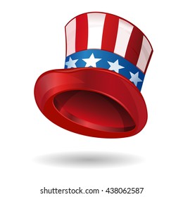 Hat in American flag color. Uncle Sam's hat. Top hat made of United States flag. Star striped hat. Vector illustration