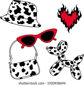 Hat, Bag, Dog In Cow Pattern Set