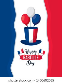 hat and balloons france flag background happy bastille day vector illustration