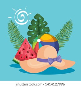 hat with beach ball and watermelon fruit with leaves plants