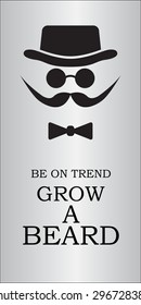 hat, beard, mustaches, round glasses and a bow tie