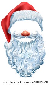 Hat, beard and red nose mask Santa Claus. Christmas accessory. Isolated on white vector cartoon illustration