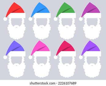 Hat and beard of Santa Claus collection. Set of icons of multicolored hats and beards of Santa Claus. Xmas design for greeting cards, posters and banners. Vector illustration