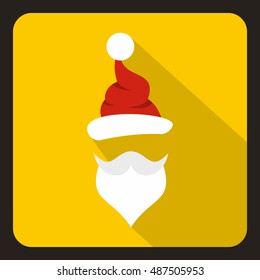 Hat and beard of Santa Claus icon in flat style with long shadow. New year symbol vector illustration