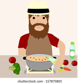 hat bearded man preparing food