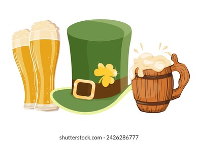Hat, beer, Patrick's Day. Elements on transparent background for design or print in cartoon style