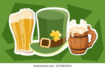 Hat, beer, Patrick's Day. Elements on green background for design or print Sticker, banner, poster. Vector graphics