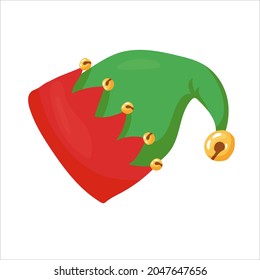 Hat with Bells. Santa's helper elf clothes. Bright costume. Christmas decor in cartoon style. Vector illustration isolated on white background.