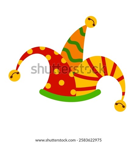 Fool’s hat with bells vector hand drawn illustration. Traditional medieval clown colourful hat. Classic April Fool's Day design. Ideal for stickers, greeting cards, party decorations