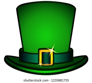 The hat is a black top hat with a strap and a golden buckle. Leprechaun hat. Symbols of St. Patrick's Day, Irish mythology, Celtic holidays. Attributes of the holiday of St. Patrick's Day. Hat isolate