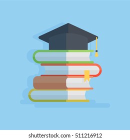 Hat with books. Concept of graduation, university study and education achievment.