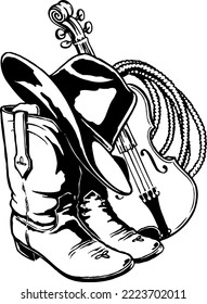 Hat Boots Rope and Fiddle Illustration