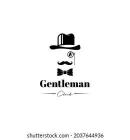 hat bow tie and mustache gentleman logo design vector