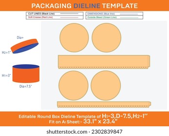 Hat box, round lid gift box dieline template with the dimension H1 3, D 7.5, H2 1 inch