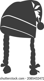 A hat with braids for the Christmas holidays. New Year's paraphernalia in black flat style. Vector image isolated on a white background.