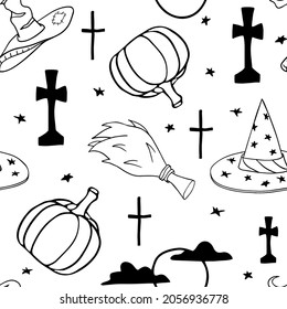 Hat, broom, cross, tombstone, pumpkin, moon with clouds. Drawings for Halloween. Vector seamless pattern.