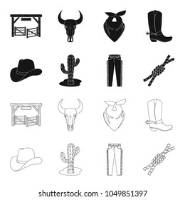 Hat, cactus, jeans, knot on the lasso. Rodeo set collection icons in black,outline style vector symbol stock illustration web.