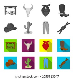 Hat, cactus, jeans, knot on the lasso. Rodeo set collection icons in monochrome,flat style vector symbol stock illustration web.