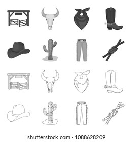 Hat, cactus, jeans, knot on the lasso. Rodeo set collection icons in outline,monochrome style vector symbol stock illustration web.