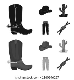 Hat, cactus, jeans, knot on the lasso. Rodeo set collection icons in black,monochrome style vector symbol stock illustration web.