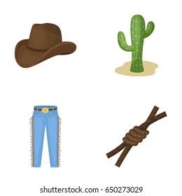 Hat, cactus, jeans, knot on the lasso. Rodeo set collection icons in cartoon style vector symbol stock illustration web.