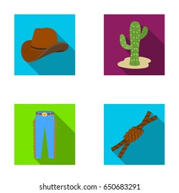 Hat, cactus, jeans, knot on the lasso. Rodeo set collection icons in flat style vector symbol stock illustration web.