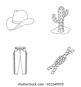 Hat, cactus, jeans, knot on the lasso. Rodeo set collection icons in outline style vector symbol stock illustration web.