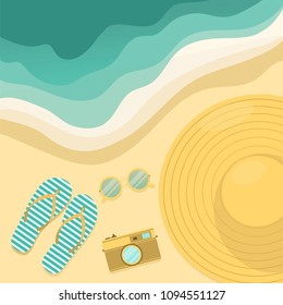 Hat, camera, sunglasses and flip flops on a tropical beach. Flat illustration. 