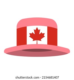 Hat with Canadian flag on the front. Happy independence Canada Day 1 july. Pink cylinder hat. Vector style illustration a white background.