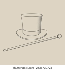Hat and cane. Colored stylized illustration on background. Vector graphics.