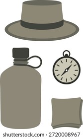 Sombrero, cantina, reloj de bolsillo y bolsa dispuestos como equipo clásico de viaje y campo.