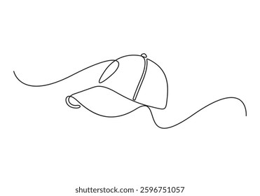 Hat cap continuous one line drawing vector illustration, hiking adventure cap hat, trip, travel, single line drawing of baseball cap. Vector illustration