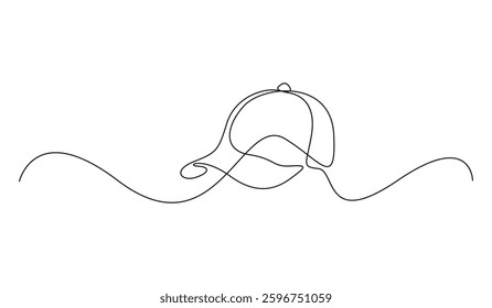 Hat cap continuous one line drawing vector illustration, hiking adventure cap hat, trip, travel, single line drawing of baseball cap. Vector illustration