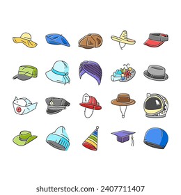 hat cap female fashion icons set vector. panama accessory, colorful trendy, stylish head, clothing design, classic woman hat cap female fashion color line illustrations