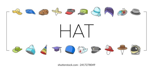 hat cap female fashion icons set vector. panama accessory, colorful trendy, stylish head, clothing design, classic woman hat cap female fashion color line illustrations