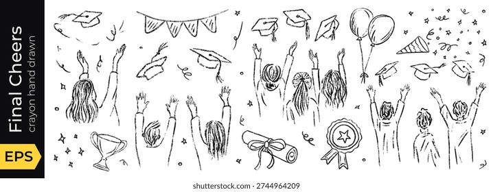 Hat, cap, and graduate line drawing with crayon for education and graduation doodle, plus a student cartoon by hand at an academy. Isolated school vector illustration of success on a white.