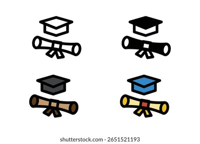 Hut Kappe Graduierung Symbol Set Element mit 3 verschiedenen Stilen, Linien, Glyphen, Farben