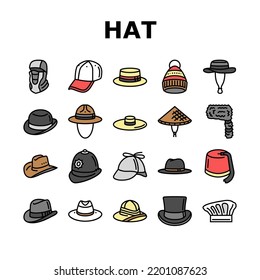 Hat Cap Head Man Safety Fashion Icons Set Vector. Female Straw, Cowboy Work Job, Chef Cook, Woman Panama, Person Vintage Gentleman Hat Cap Head Man Safety Fashion Color Line Illustrations