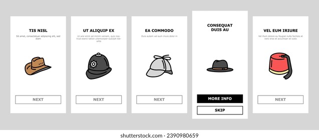 hat cap head man safety fashion onboarding mobile vector. female straw, cowboy work job, chef cook, woman panama, person vintage gentleman hat cap head man safety fashion color line illustrations