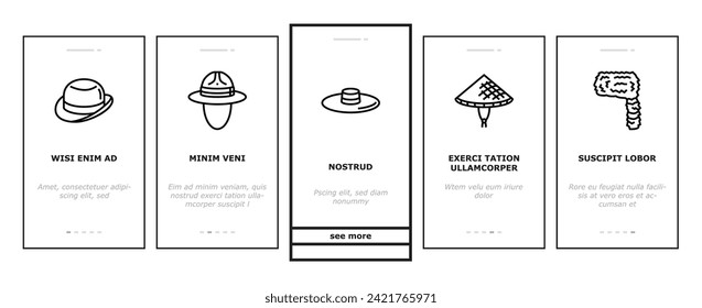 hat cap head man safety fashion onboarding mobile vector. female straw, cowboy work job, chef cook, woman panama, person vintage gentleman hat cap head man safety fashion color line illustrations