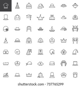 Hat, cap, headdress, headwear line icons set, outline vector symbol collection, linear style pictogram pack. Signs, logo illustration. Set includes icons as chef hat, party hat, pilgrim hat