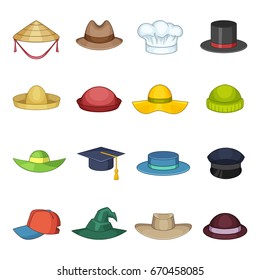 Hat cap icons set. Cartoon illustration of 16 hat cap vector icons for web