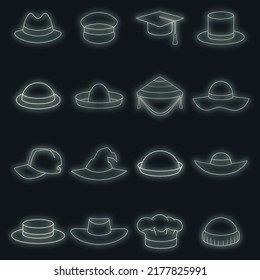 Hat cap icons set. Illustration of 16 hat cap vector icons neon color on black
