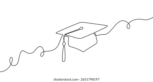 Hat cap line university study education continuous icon illustration college student. Cap hat school one vector outline hand linear book certificate graduate silhouette academy tassel degree grad day.