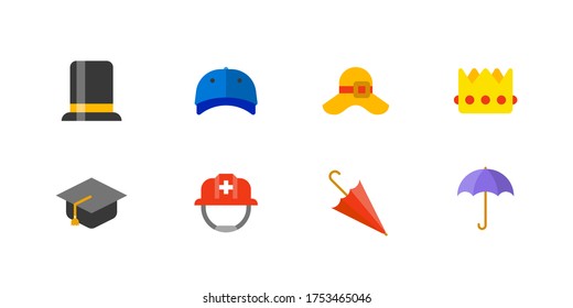 Hat and cap vector icons set. Isolated Top Hat, Billed Cap, Sun Hat, Crown, Graduation Cap, Helmet, Umbrella flat cartoon style illustration