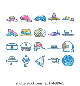 hat cap white head doodle icons set vector. sketch line art summer beach, panama female, straw mockup, woman man, clothes accessory hat cap white head color illustrations