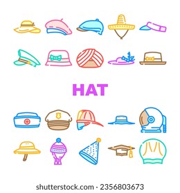 hat cap white head icons set vector. summer beach, panama female, straw mockup, woman man, clothes accessory hat cap white head color line illustrations