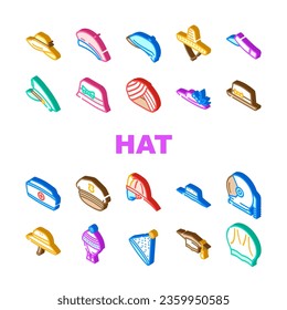 hat cap white head icons set vector. summer beach, panama female, straw mockup, woman man, clothes accessory hat cap white head isometric sign illustrations