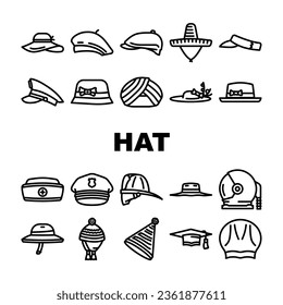 hat cap white head icons set vector. summer beach, panama female, straw mockup, woman man, clothes accessory hat cap white head black contour illustrations